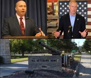 Sen. Tom Cullerton (D, Villa Park) and Gov. Bruce Rauner have clashed over the handling of the Quincy Home outbreak. Below, the front gates of the home.