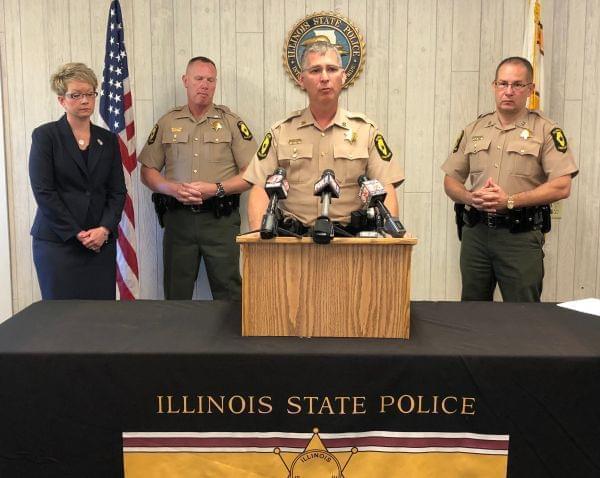 Illinois State Police Captain Jason Henderson spoke at a press conference at State Police District 10 Headquarters in Pesotum, offering details about the arrest of Kevin L. Casey--a suspect in an ongoing investigation regarding a string of incidents