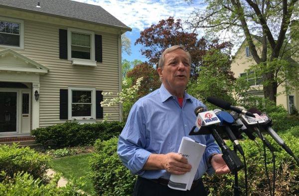 U.S. Sen. Dick Durbin speaks to reporters in this file photo.