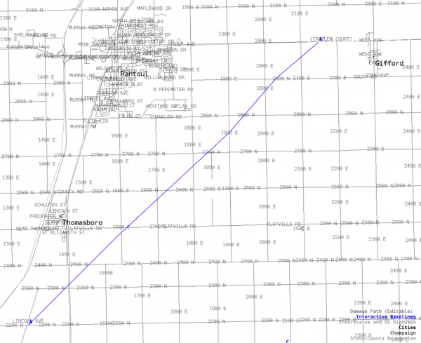 Map showing path of tornado through Champaign County on Tuesday night.