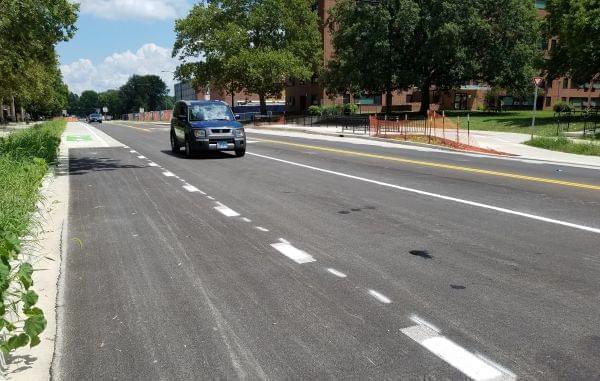 Green Street in Urbana between Goodwin and Lincoln Avenues, just after being reopened following MCORE Project reconstruction work. 