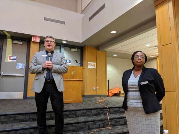 Urbana District 116 Superintendent Don Owen and Urbana High School Principal Deloris Brown stand in the cafeteria of Urbana High School. 