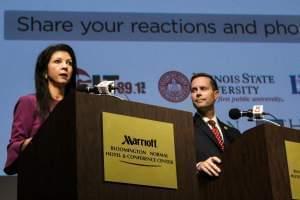 Democrat Betsy Dirksen Londrigan and Republican U.S. Rep. Rodney Davis at the WGLT debate on Monday, Oct. 29, 2018, at the Normal Theater.