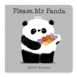 Book cover. Panda holding a box of doughnuts.