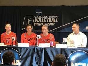 Senior setter Jordyn Poulter answers a reporter's question after a 3-0 win over Marquette in the NCAA Tournament round of 16 on Friday.