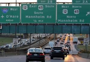 Heavy traffic is seen on an expressway near O'Hare Airport in Chicago.