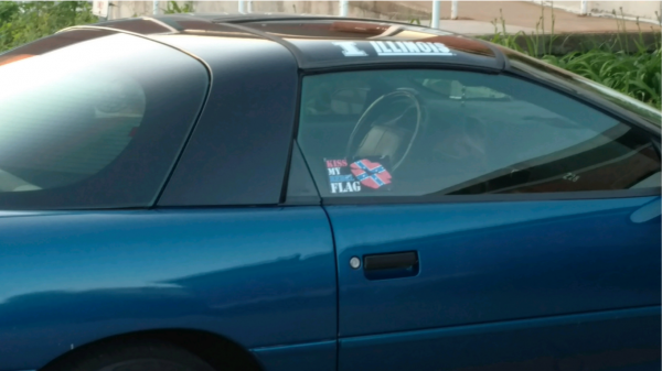 A photo from the court documents of a vehicle with a confederate flag parked in an employee parking lot on the University of Illinois Urbana campus. A plaintiff in the lawsuit reported the vehicle and the photo to the department in charge of investig