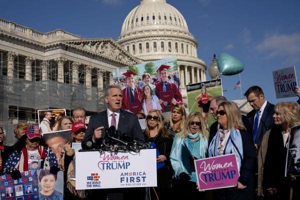 House Minority Leader Kevin McCarthy, R-Calif., joins others supporting a border wall with Mexico, at the Capitol in Washington.