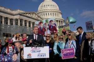 House Minority Leader Kevin McCarthy, R-Calif., joins  others supporting a border wall with Mexico, at the Capitol in Washington.
