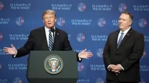 U.S. President Donald Trump, left, gestures as Mike Pompeo, U.S. secretary of state, looks on during a news conference following the DPRK-USA Hanoi Summit in Hanoi, on Thursday. Trump's second summit with Kim collapsed Thursday without an agreem