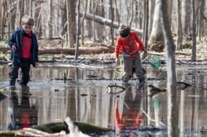 Two boys in rubber boots holding nets stand in a woodland pool .