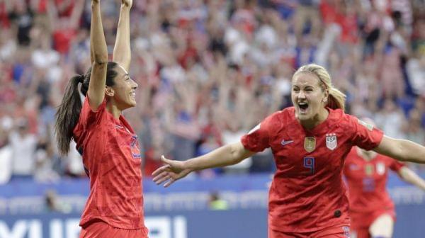 Christen Press celebrates after scoring the U.S.'s first goal during the Women's World Cup semifinal against England. The U.S. won 2-1. 