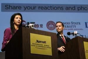 Betsy Dirksen Londrigan and Congressman Rodney Davis at a debate in Normal in 2018.