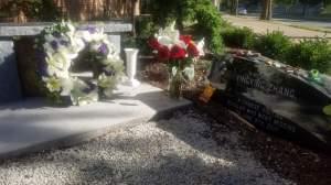 A wreath and flowers decorate the Yingying Zhang Memorial Garden.