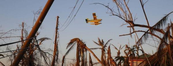 A relief plane departs on September 6, 2019 in Elbow Key Island, Bahamas. 