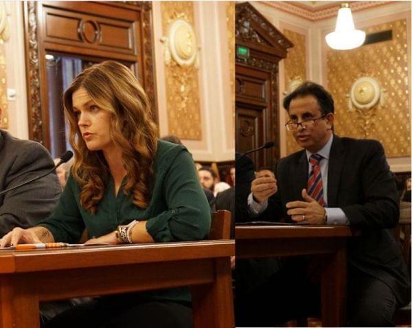 From left, Ruby Johnson testifies for a proposed statewide ban on flavored tobacco products, while Tony Abboud testifies against the ban, at an Illinois Senate committee hearing in Springfield on Oct. 29