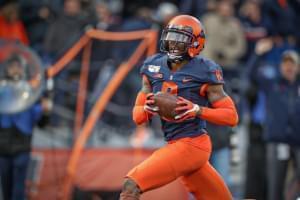 Illinois linebacker Dele Harding finds the endzone after a 55-yard interception return in the Illini’s 38-10 win over Rutgers.