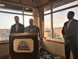 Karl Gnadt with the Champaign-Urbana Mass Transit District discusses a grant award at the Illinois Terminal on Friday.