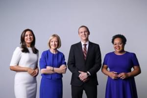 Debate moderators, from left, Amna Nawaz, Judy Woodruff, Tim Alberta, and Yamiche Alcindor.