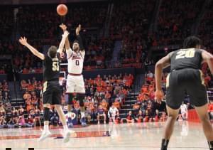 Alan Griffin drains a three-pointer over Purdue's Sasha Stefanovic.
