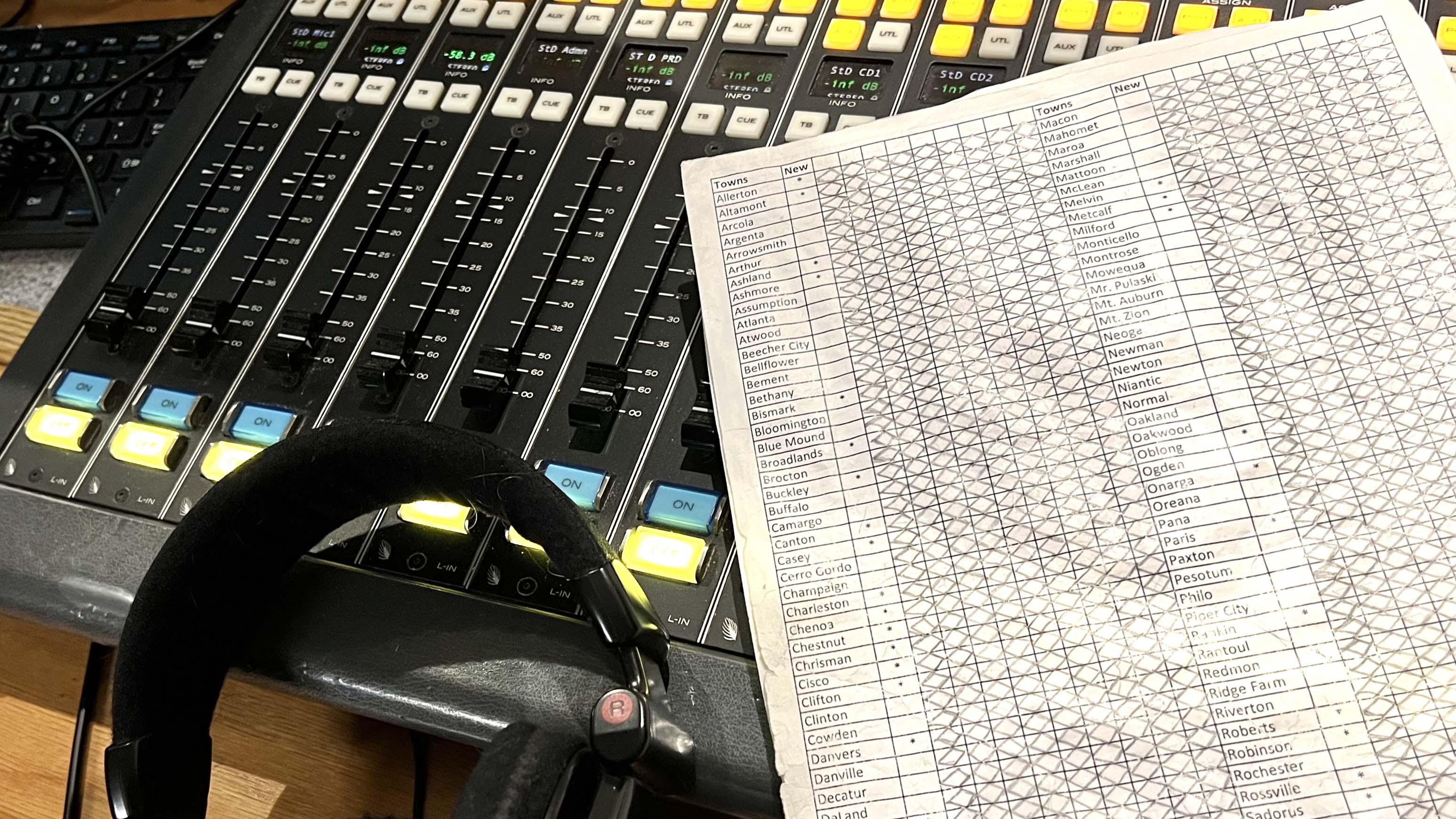 Sheet of paper with cities from around Illinois on top of an audio consule