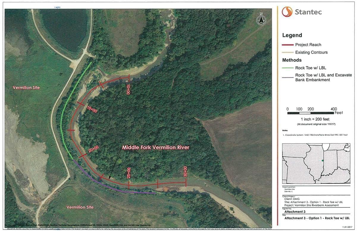 map showing location of riverbank stabilization project proposed by Dynegy