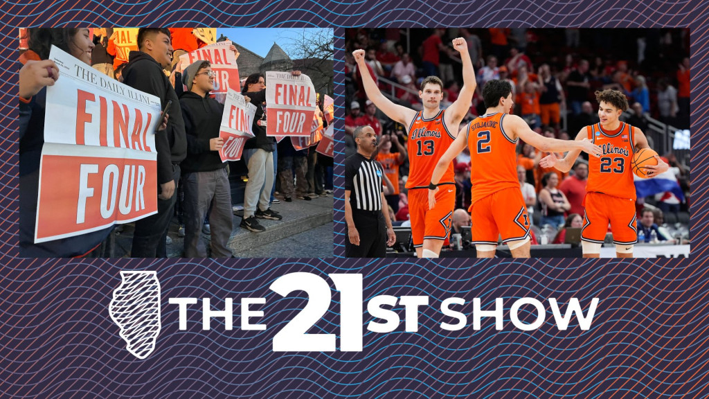 Three photographs show fans of the Illinois men's basketball team and the team themselves. Beneath the three photos is the logo for The 21st Show. 