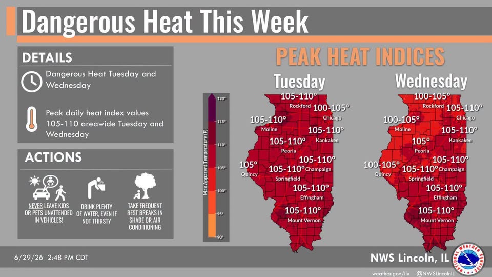 Map of Illinois showing the dangerous heat on Tuesday and Wednesday across the state
