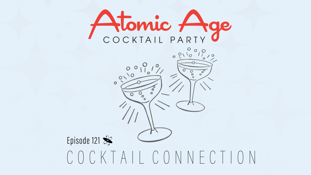 Atomic Age logo with an illustration two champage glasses bubbling. Text reads