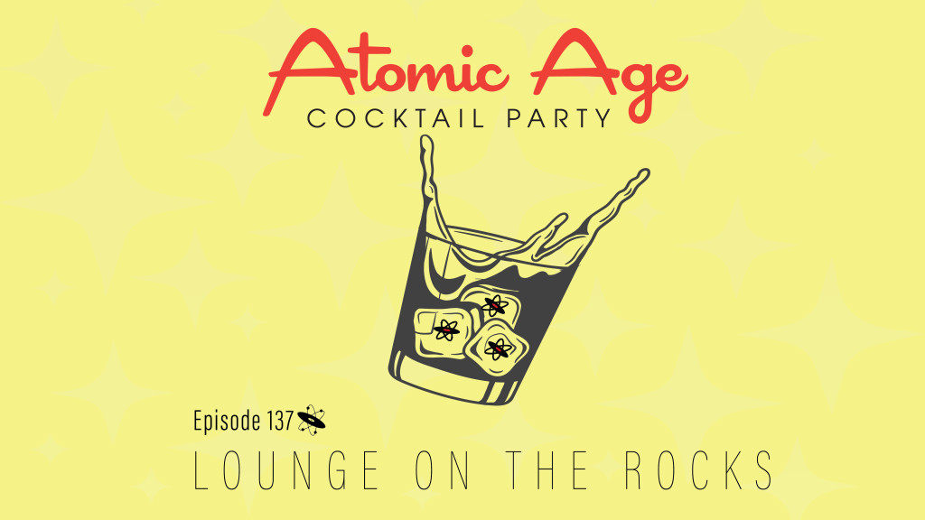 Atomic Age logo with an illustration of tumbler filled with ice and splling liquid. Text reads