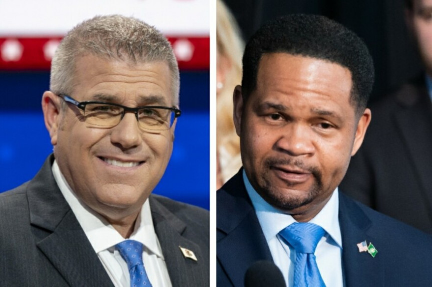 State Sen. Darren Bailey, left, at a GOP gubernatorial primary debate last month; Aurora Mayor Richard Irvin, right, at a news conference in Aurora in May.