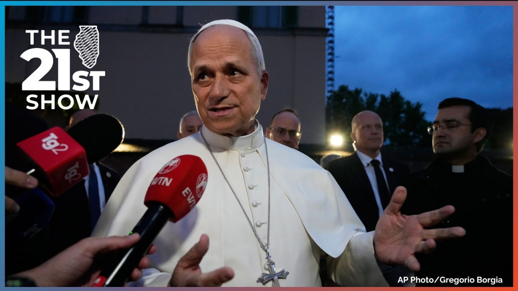 Pope Leo XIV talks to journalists as he leaves his residence in Castel Gandolfo, on the outskirts of Rome, to return to the Vatican, Tuesday, May 5, 2026.