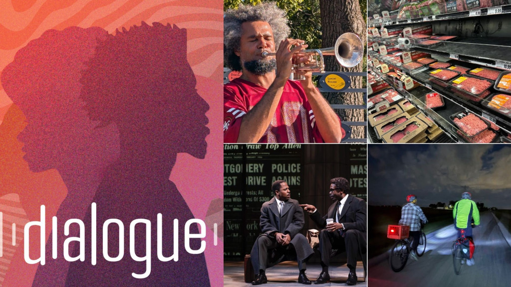 Top row: Pete Shungu, leader of the jazz band Afro D & Global Sound Waves; Beef in a grocery store. Bottom row: scene from 'The American Five' and a bicycle ride in Champaign County.