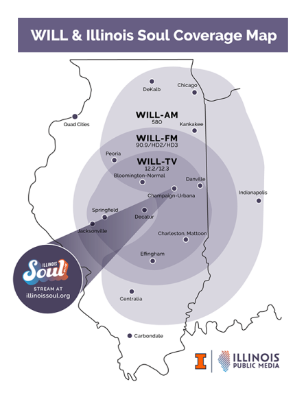 WILL AM: kidney-shaped area from chicago to carbondale, peoria to indianapolis. WILL FM, WILL-TV: circle reaching roughly to Jacksonville and Kankakee, IL and into western Indiana. Illinois Soul: Champaign area.