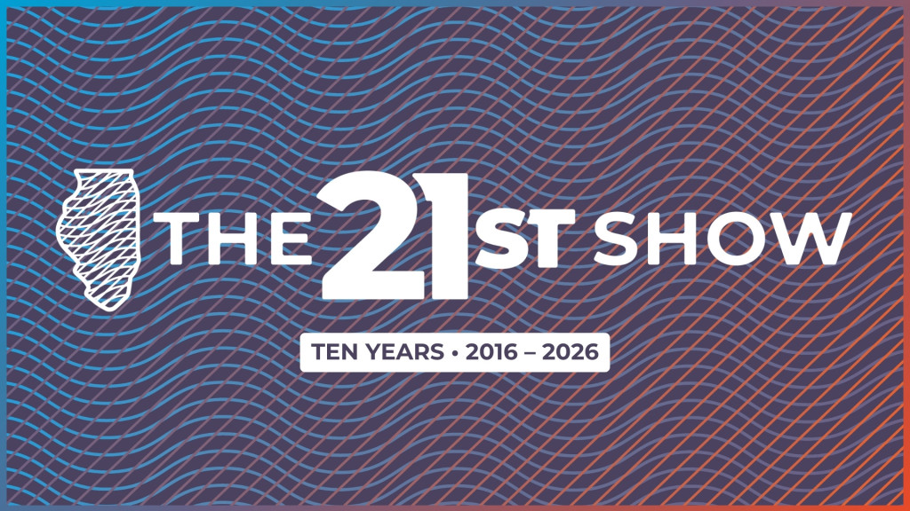 wavy red and blue lines are the backdrop for The 21st Show's logo, which features an outline of the state of Illinois; beneath that is written 