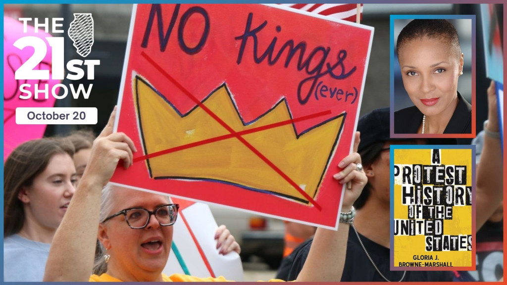 a white woman with gray hair and a yellow t-shirt holds a homemade sign with the text 