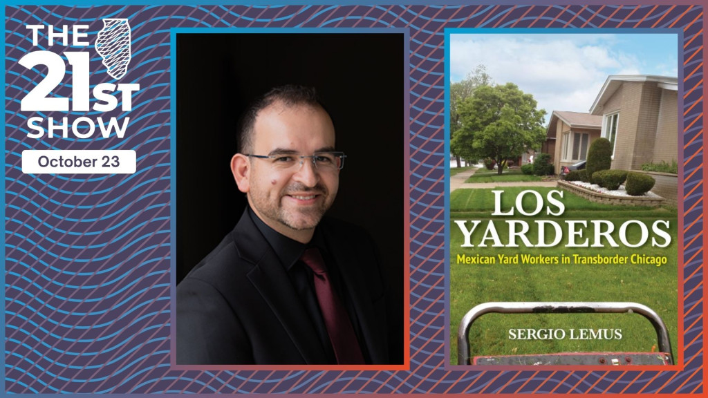 collage including a portrait of Sergio Lemus wearing a back button-down shirt with a red necktie; and the cover of the book 