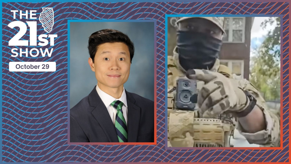 a collage including a portrait of Rep. Hyunh wearing a dark suit and tie, and a screen-capture of a federal agent wearing camoflauge and a mask pointing his finger at the person holding the camera
