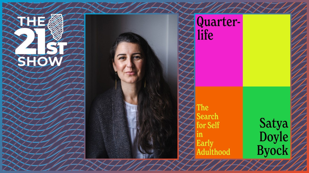 a white woman with dark hair and a gray sweater; the book cover has four rectangles, clockwise from top left: pink, yellow, green and orange
