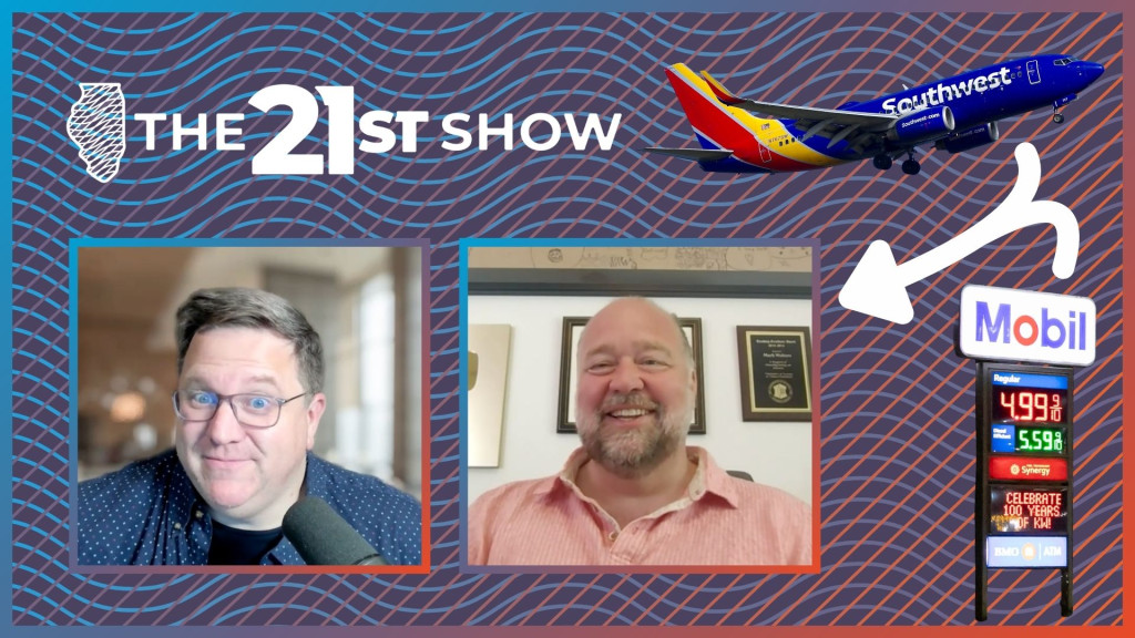 Screen captures from a video interview include Brian Mackey in a blue shirt and Mark Wolters in a pastel; in the background are a blue Southwest airlines jet and a the sign at a Mobil station in Rockford featuring gas for $5 per gallon