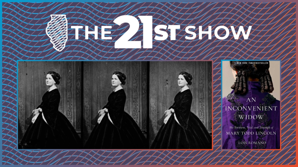 three glass negatives of Mary Lincoln wearing a dark dress; the cover of 'An Inconvenient Widow' shows the back of a woman's head meant to suggest Mary lincoln, with fark curly hair and a violet dress with elaborate black beading and embroidery