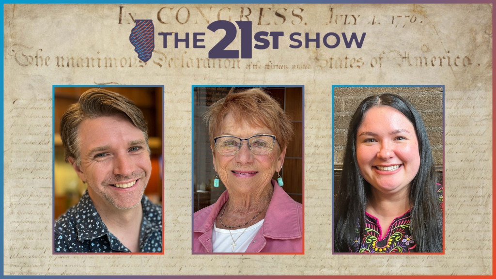 Alex Wysocki, Kay Weidner and Hannah Velasco underneath The 21st Show logo
