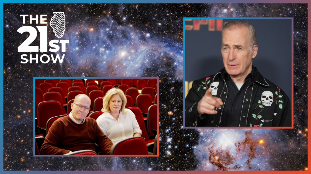 a colorful space nebula is the background for two inset photos: a white man and a white woman sit in the audience of a theater with red velvet seats, in the other photo Bob Odenkirk points at the camera while wearing a jacket featuring two skulls in the style of Mexican folk art