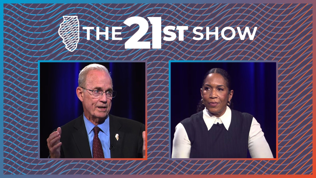 two squares feature a moment in the debate. At left is Republican Don Tracy, a white man with gray hair wearing a dark blue suit, blue dress shirt and burgundy necktie. He has a state of Illinois pin on his lapel and is gesturing with his hands. At right is Juliana Stratton, a Black woman with dark hair pulled back and parted down the middle. She's wearing a white shirt buttoned to the collar, which she has showing over a navy blue sweater vest.