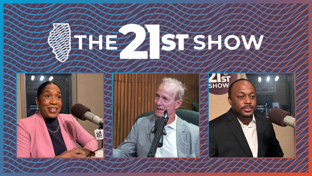 a graphic featuring the 21st Show logo with three inset photos of the candidates. Stratton is a Black woman wearing a pink blazer over a black blouse; Tracy is a white man wearing a seersucker jacket over a white button-down shirt; Harrington is wearing a black suit coat over a white button-down shirt