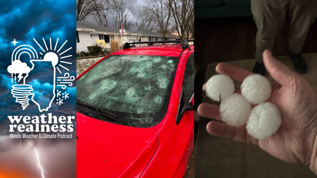 Left to right: hailstones and hail damage in Bradley, Illinois from March 10, 2026.