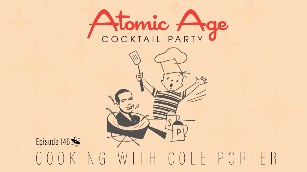 Atomic Age logo with illustration of a small child cooking. In the pan in a bust of Cole Porter. Text reads 