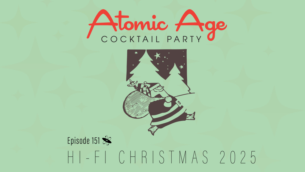 Atomic Age logo with an illustration of Santa Claus carrying a sack of toys outdoors walking past some trees. Text reads 