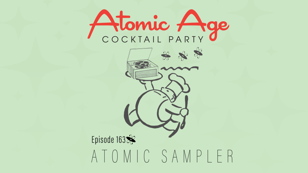 Atomic Age logo with an illustration of waiting holidng a tray. There is a record player on the tray. Atomic records follow. Text reads 