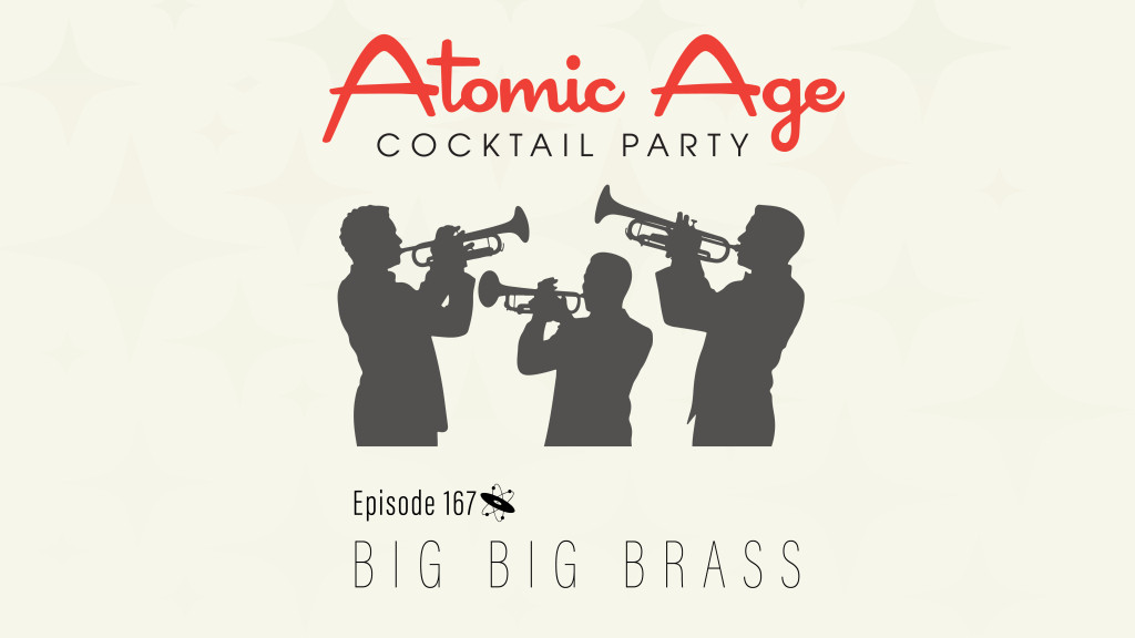 Atomic Age logo with an illustration of three men playing turmpet. Text reads 
